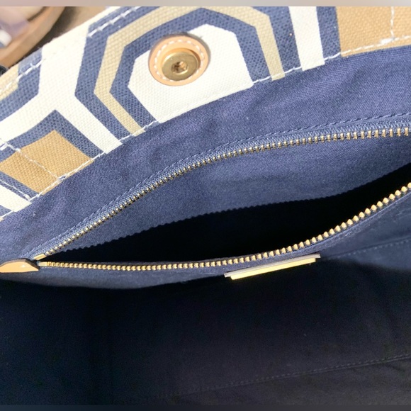 TORY BURCH Canvas and Leather Tote Bag Leather Logo Bag Charm EUC - Picture 6 of 16